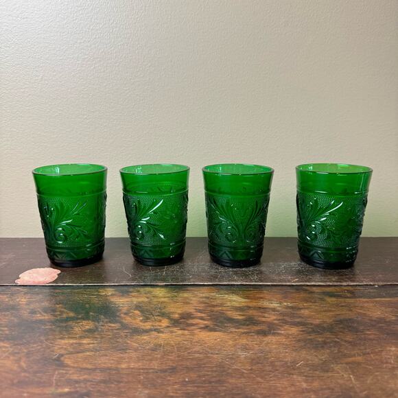 Set of 4 Anchor Hocking VTG 30s Forest Green Oatmeal Sandwich Pattern Glasses - Picture 1 of 9